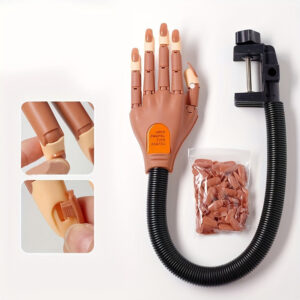 Manikűr edzőmodell kéz rugalmas ujjakkal – Állítható körömdíszítő gyakorló bábu, hipoallergén körömtechnikus eszköz szorítóval, 100 db körömtippet tartalmaz kezdőknek és profiknak