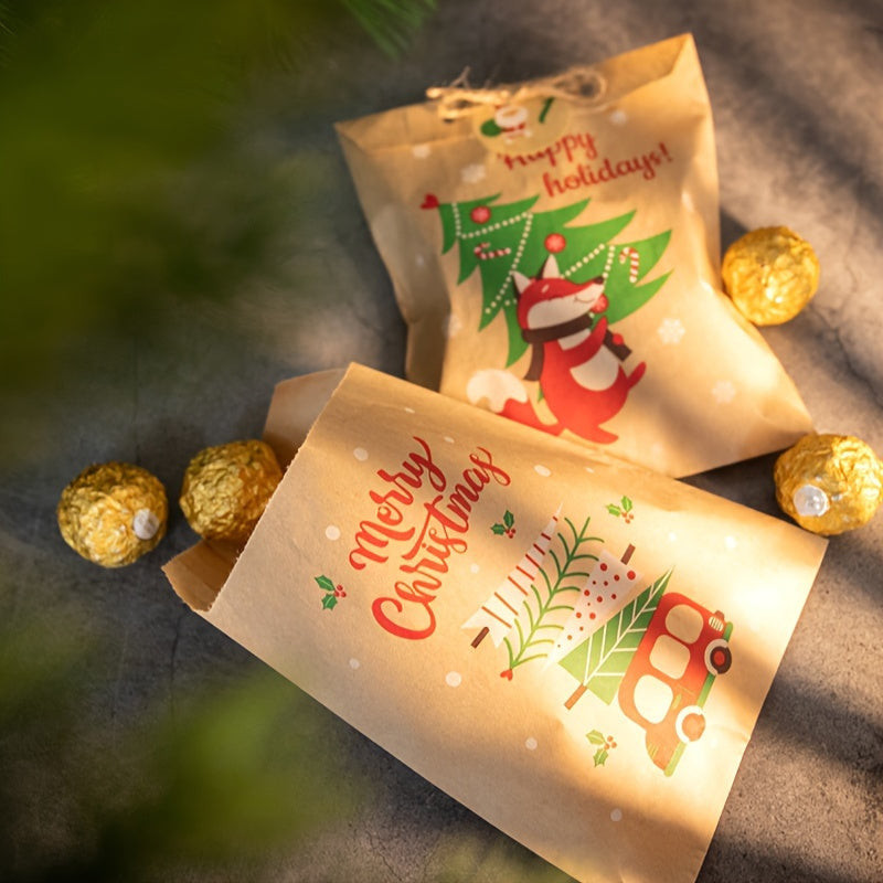 24db, Retro karácsonyi papír zacskó matricákkal Mikulás Hóember Róka - Image 7